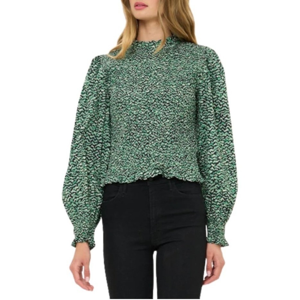 Oliphant Smocked Blouse Size M Green Black Ikat Puff Sleeve Mock Neck Willow Top